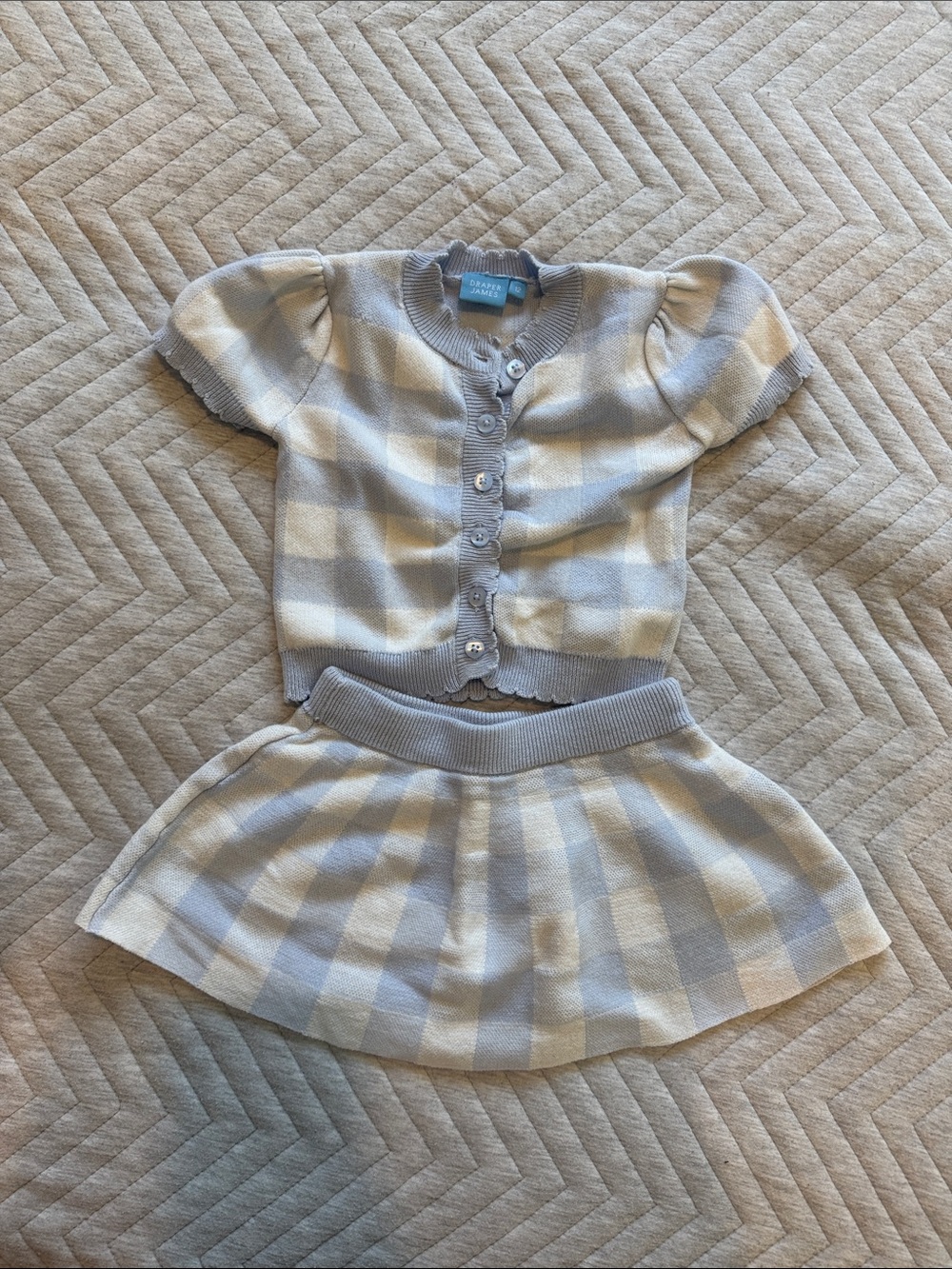 Blue & Cream Striped Knit Cardigan + Skirt Set